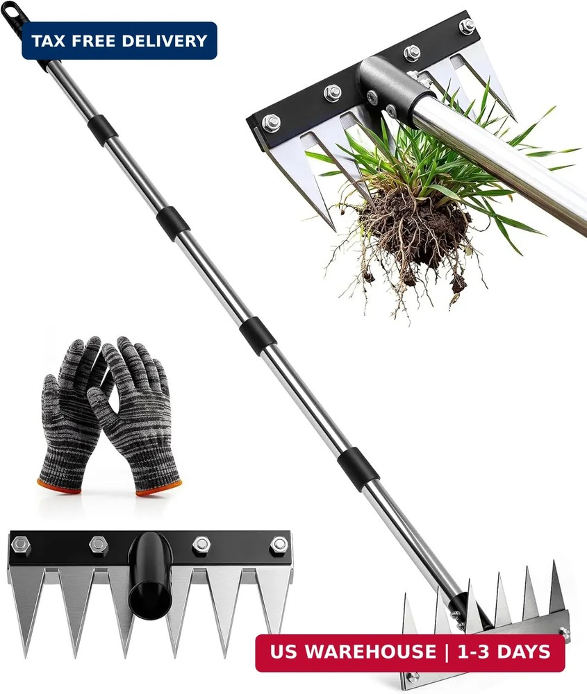 Weed Rake Tool Iron Weed Puller with 71" Adjustable Long Handle, 6 Teeth Garden
