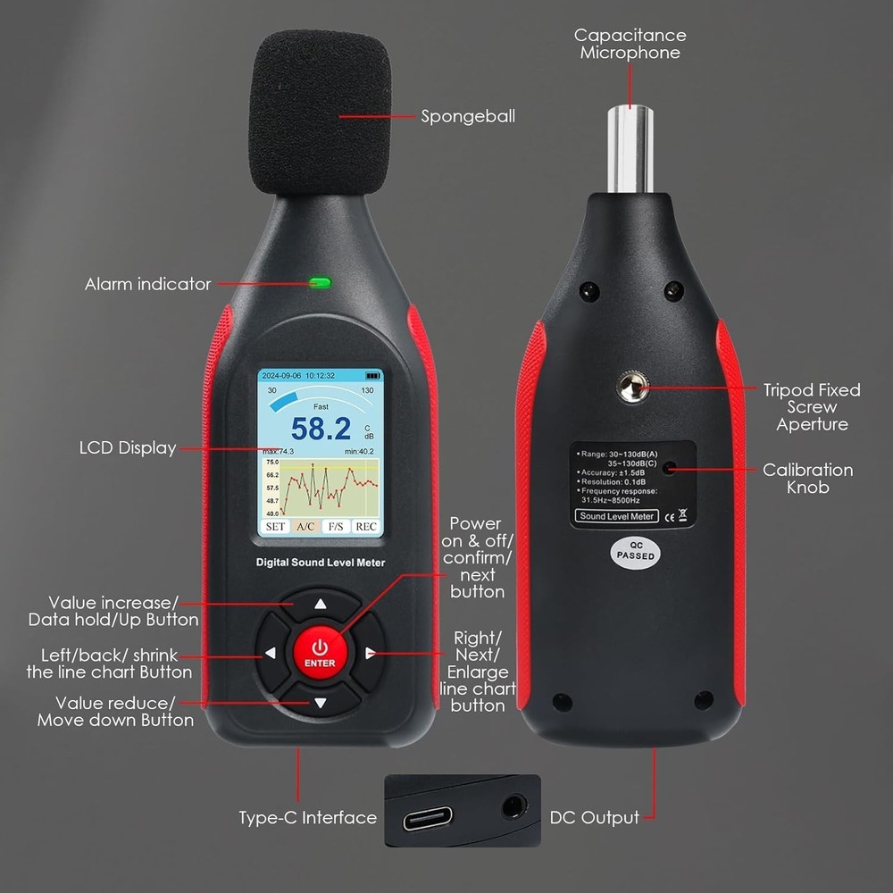 Digital Decibel Meter Data Logger 43K Record USB Excel Export High Accuracy