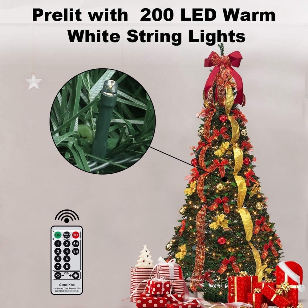 6Ft Pre-lit Christmas Tree Fully Decorated Pull-Up Christmas Tree with Remote