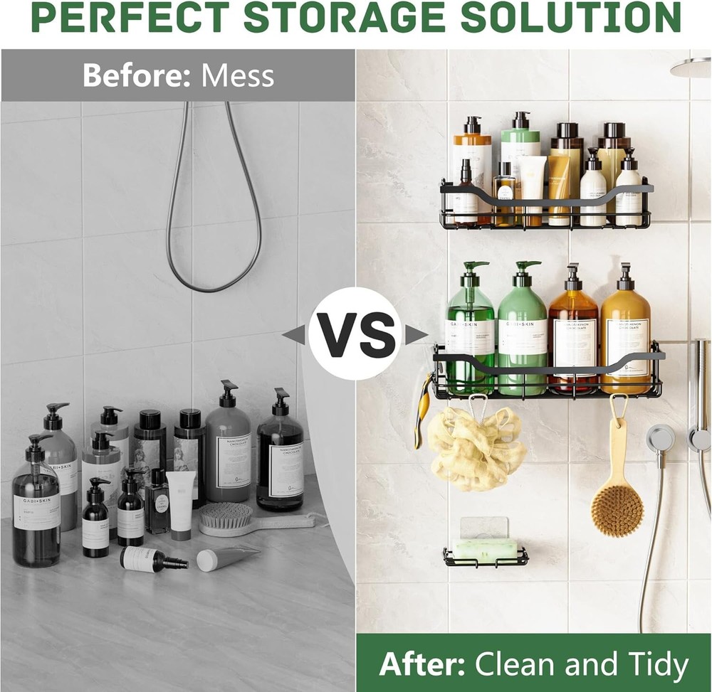 Versatile Rustproof Shower Caddy Set with Easy 2-Step Installation - BlackLarge