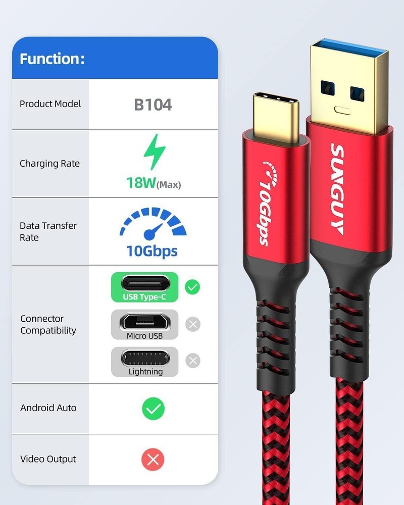 USB C Android Auto Cable 1ft, 3a USB a to C USB 3.1 USB 3.2 Gen2 10gbps Data