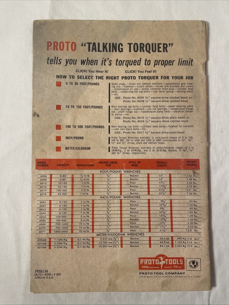 Proto Tool Torque Handbook Manual Specification Data 1966