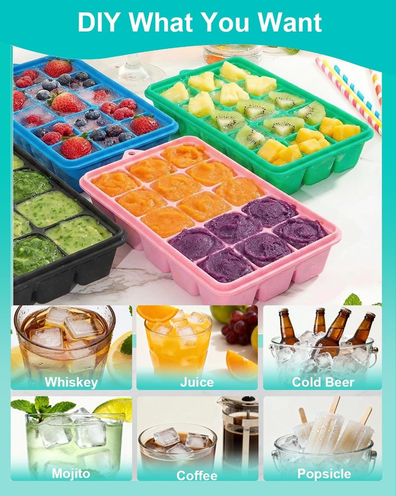 4 Pack Silicone Ice Cube Trays with Lids Easy Release 60 Grids Stackable Square