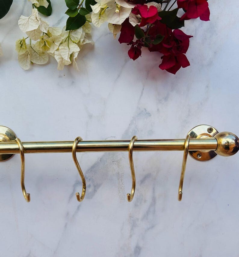 Solid Brass Hanging Pot Rack – Antique Brass Kitchen Rail with Hooks, Wall-Mount