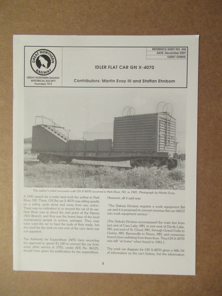 Great Northern Reference Sheet 346 Idler Flat Car X-4070