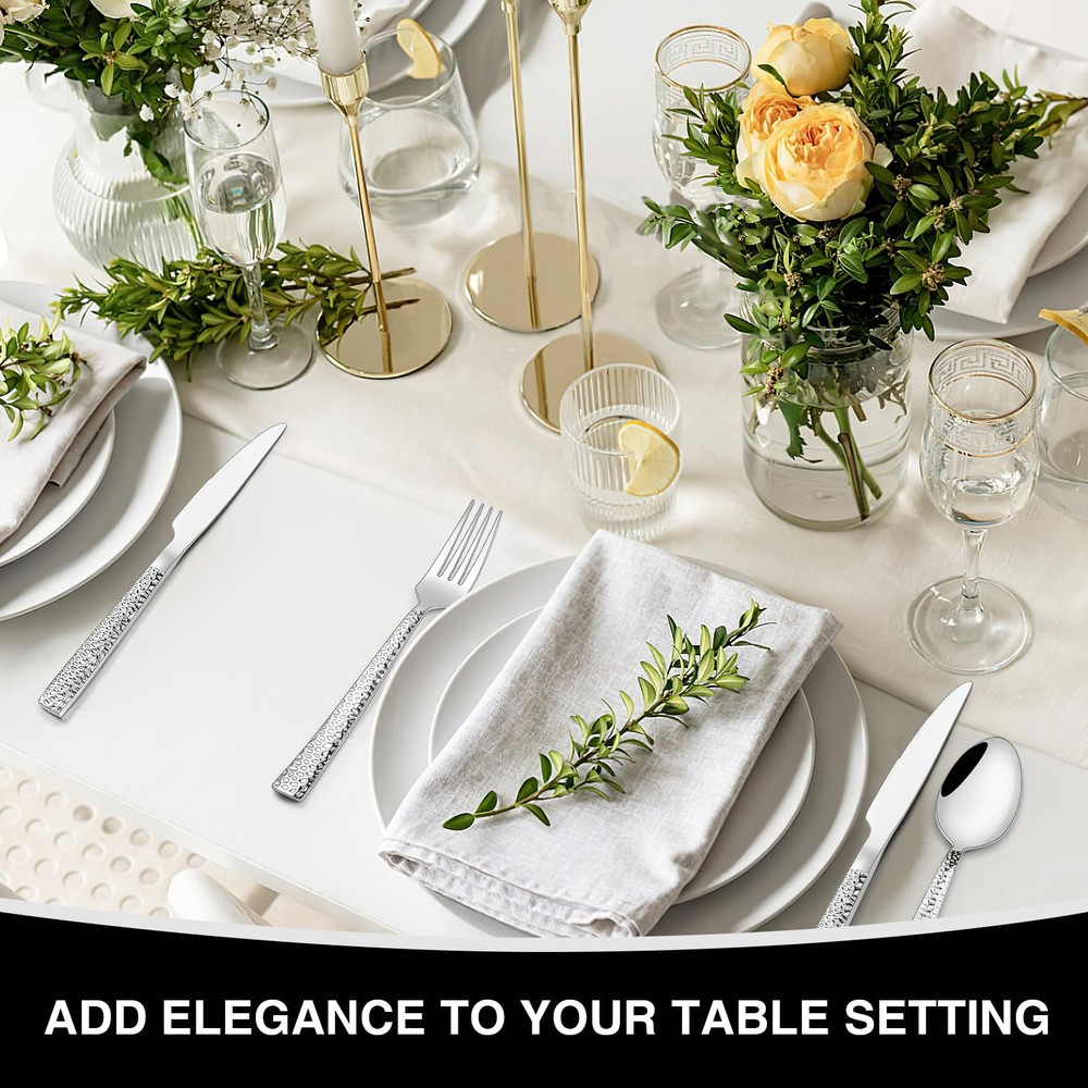 Hammered Silverware Set, 40-Piece Stainless Steel Square Flatware Set for 8, ...