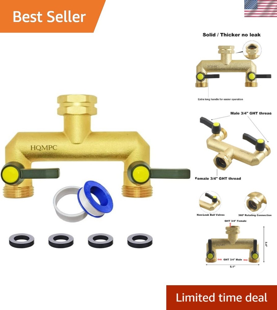 Functional 2 Way Water Splitter - Solid Brass Garden Hose Connector 3/4" GHT