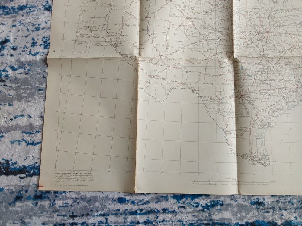 WWII 1942 Eighth Service Command Engineer Map TX LA AR