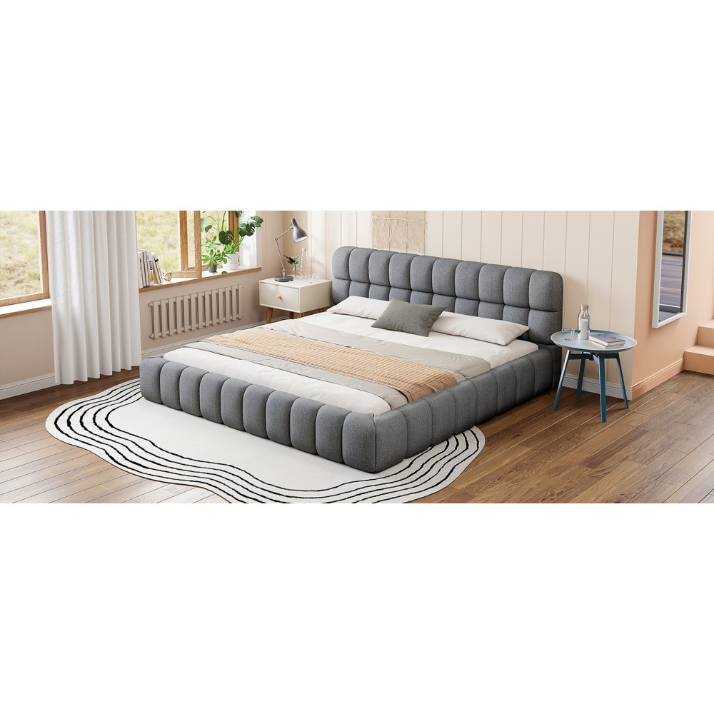 King Upholstered Platform Bed w/ Solid Wood Frame, Gray Linen, 2000lbs Support