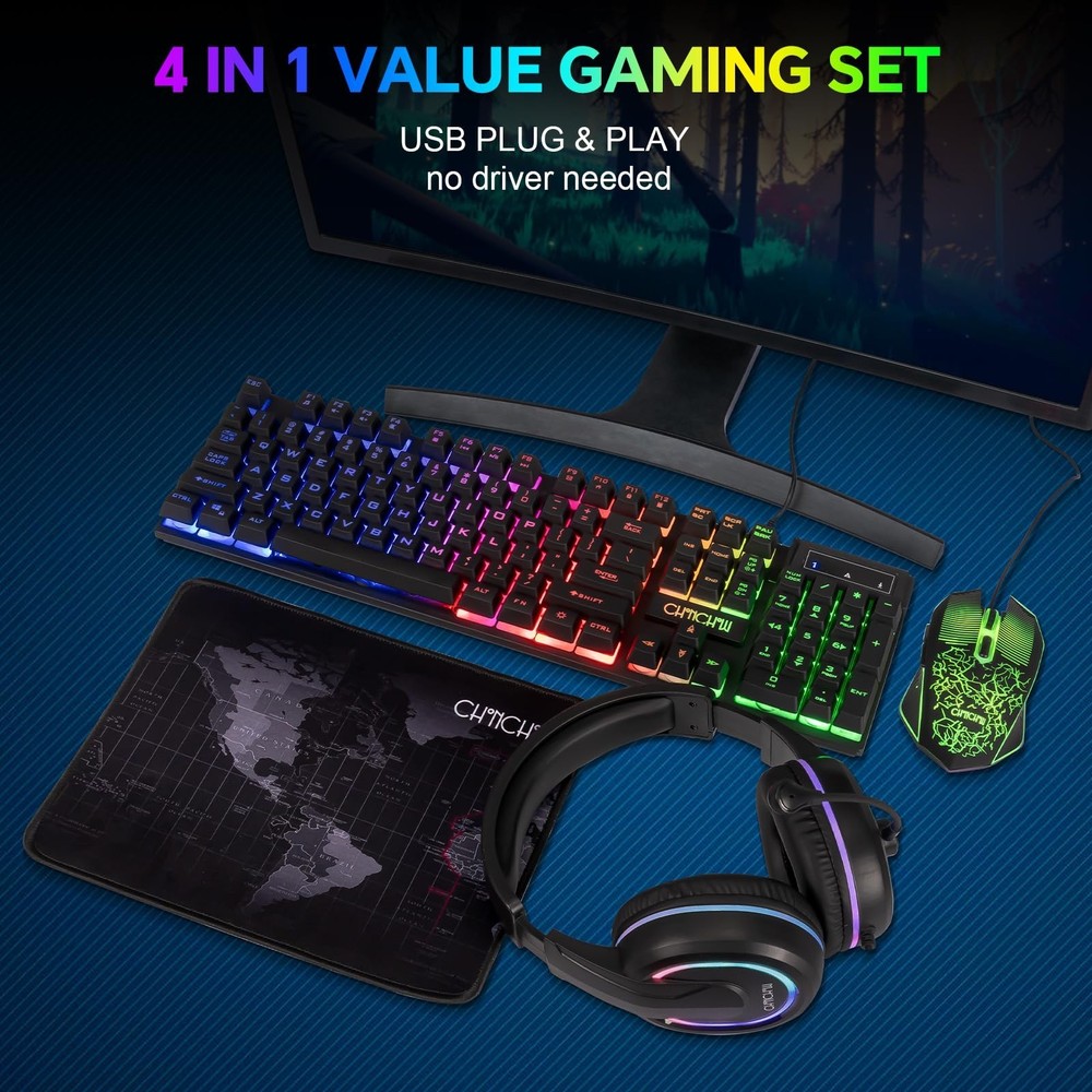 Gaming LED Keyboard Mouse Headset and Mousepad Bundle, CHONCHOW Wired Rainbow...
