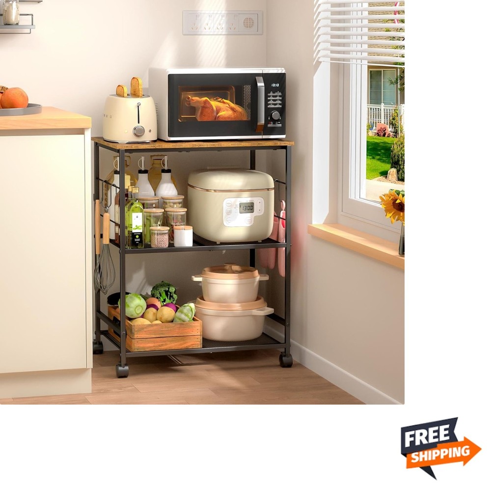 Versatile Rolling Kitchen Utility Cart with Hooks - 3-Tier Storage Solution