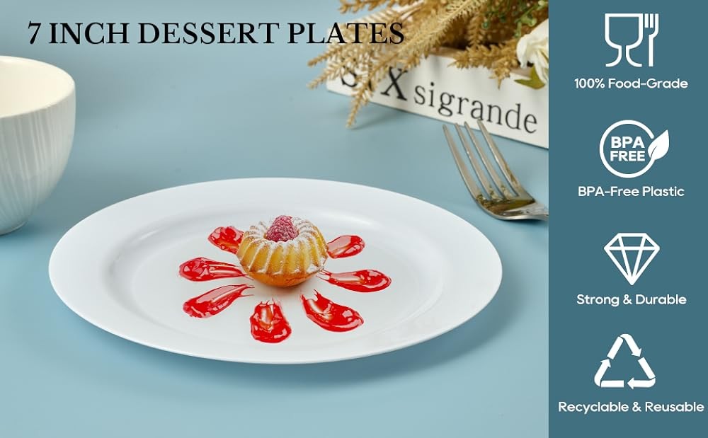 White Plastic Dert Plates 7 Inch, Disposable Heavy Duty