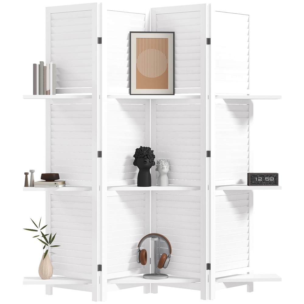 4 Panel Privacy Screen, Room Divider with 3 Shelves White
