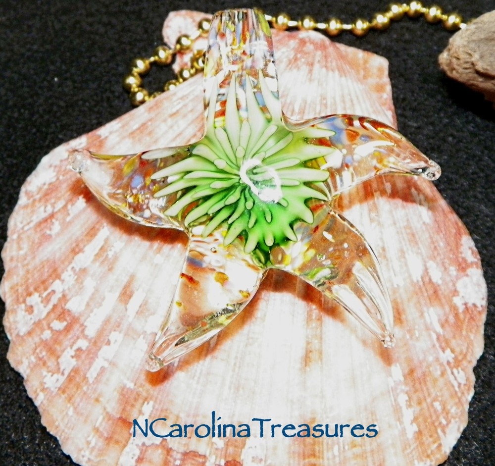 FIRE BURST GREEN STAR STARFISH GLASS CEILING FAN LIGHT SWITCH PULL LARGE PAIR