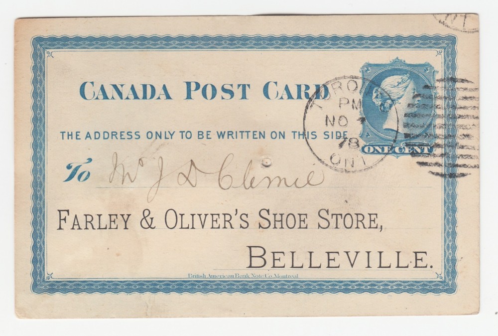 CANADA 1878 1c blue Post Card with TORONTO DUPLEX
