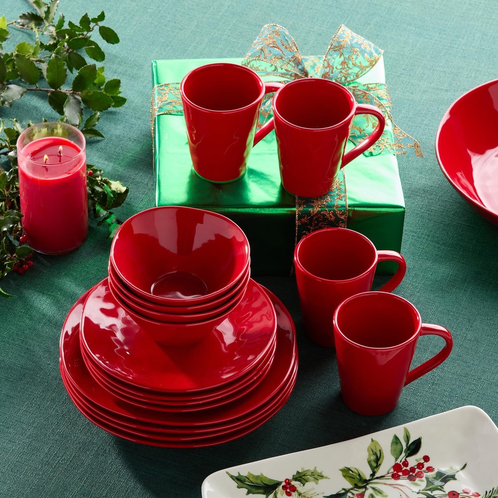 Berry Red Christmas 16pc Dinnerware Set, Stoneware Holiday Tableware Service ...