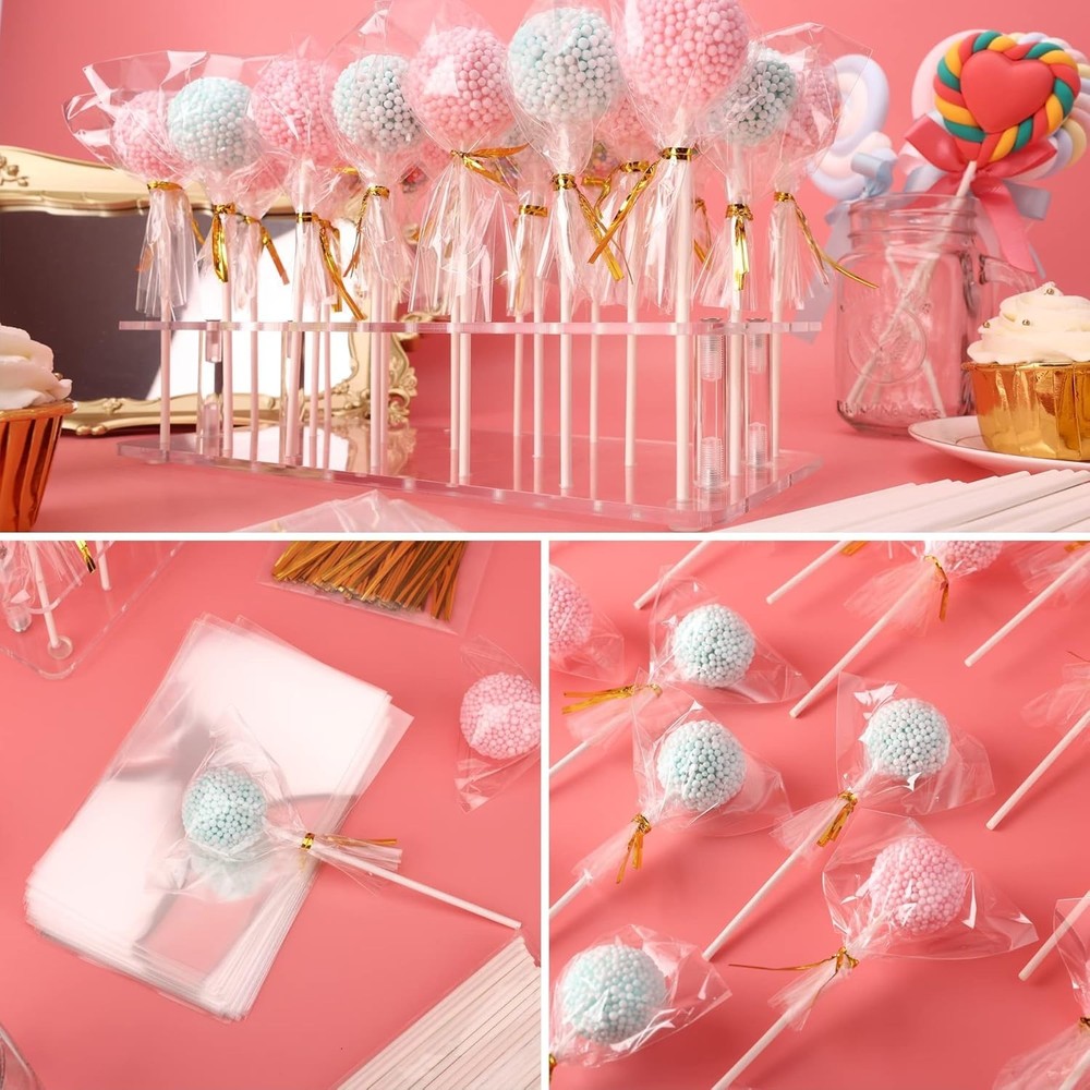 Versatile Cake Pop Kit: 21-Hole Stand & Complete Wrapping Supplies for Events