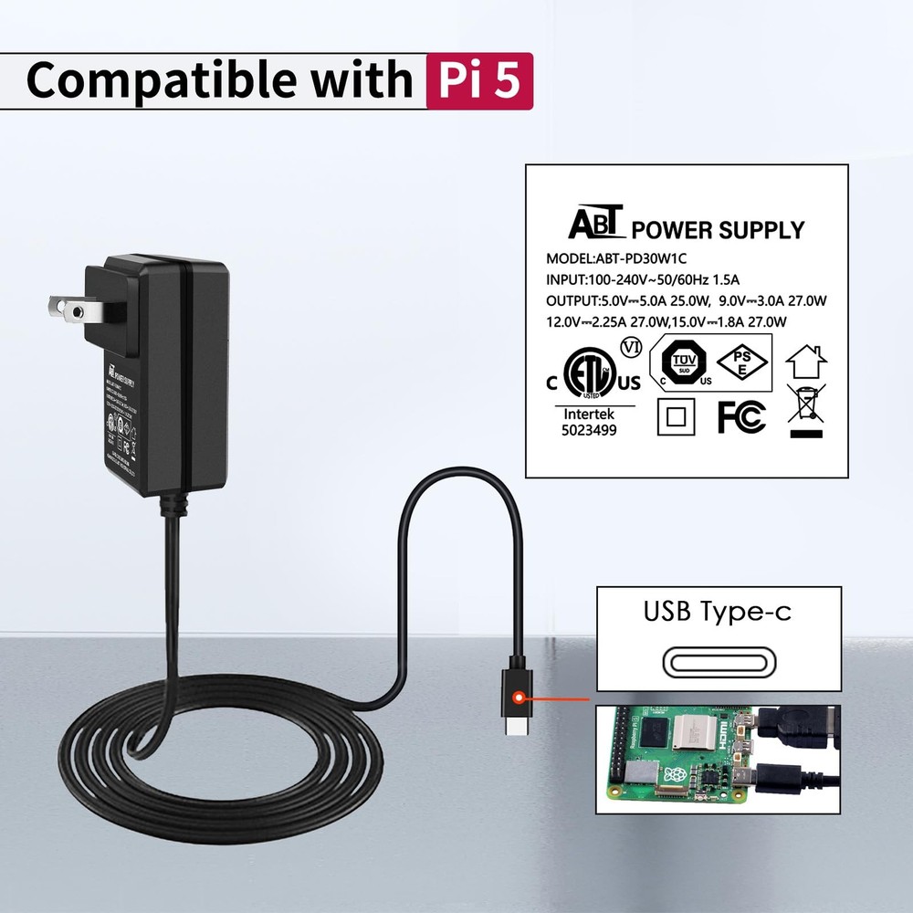 27W USB C Power Supply for Raspberry Pi 5 - PD Adapter for Fast Charging