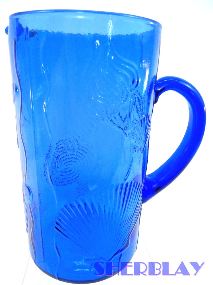 GORGEOUS COBALT BLUE GLASS PITCHER WITH SEASHELL PATTERN 8 1/2" HIGH