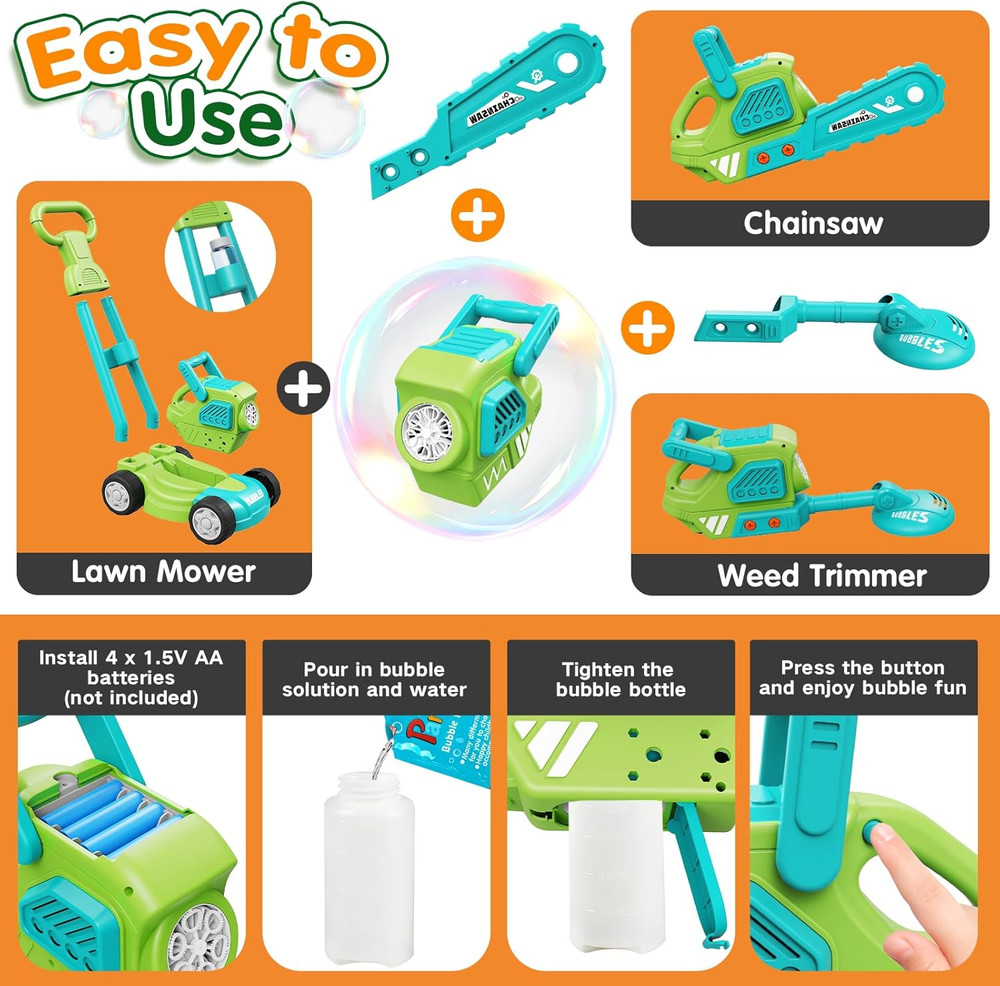 Bubble Lawn Mower for Kids, 3-In-1 Bubble Machine Blower with 10 Bubble Solution