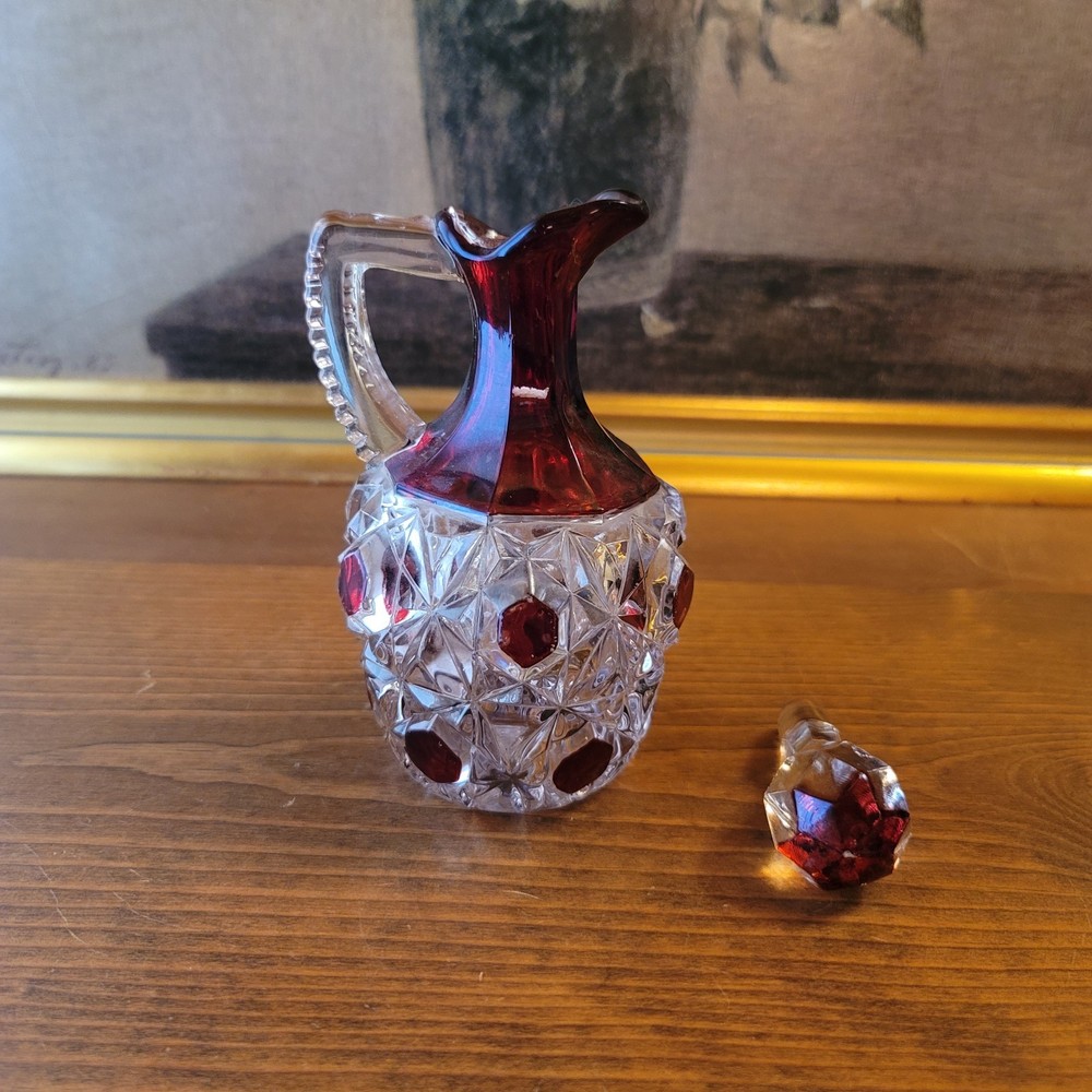 Antique EAPG Ruby Big Button Cruet Crystal Glass No 9 Original Stopper 1890