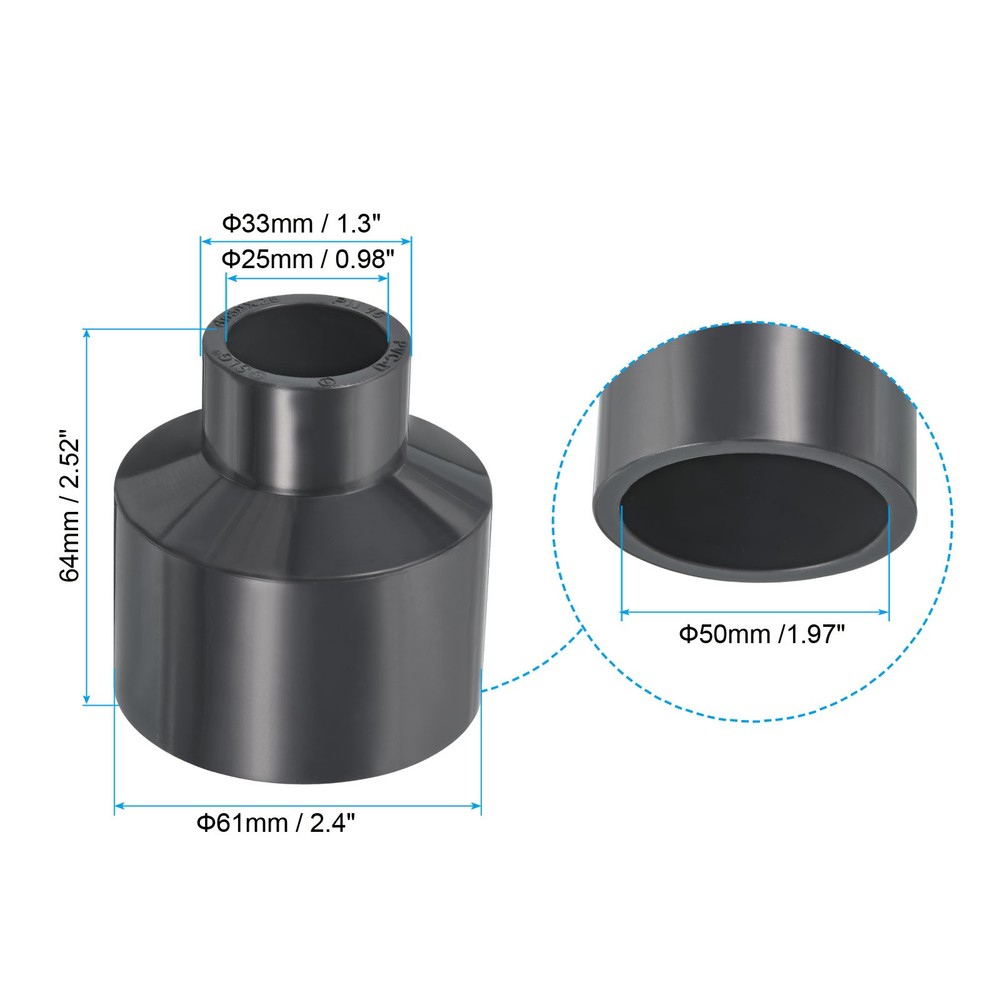 UPVC Reducer Pipe Fitting 2x1" Socket Straight Coupling Adapter Connector Grey