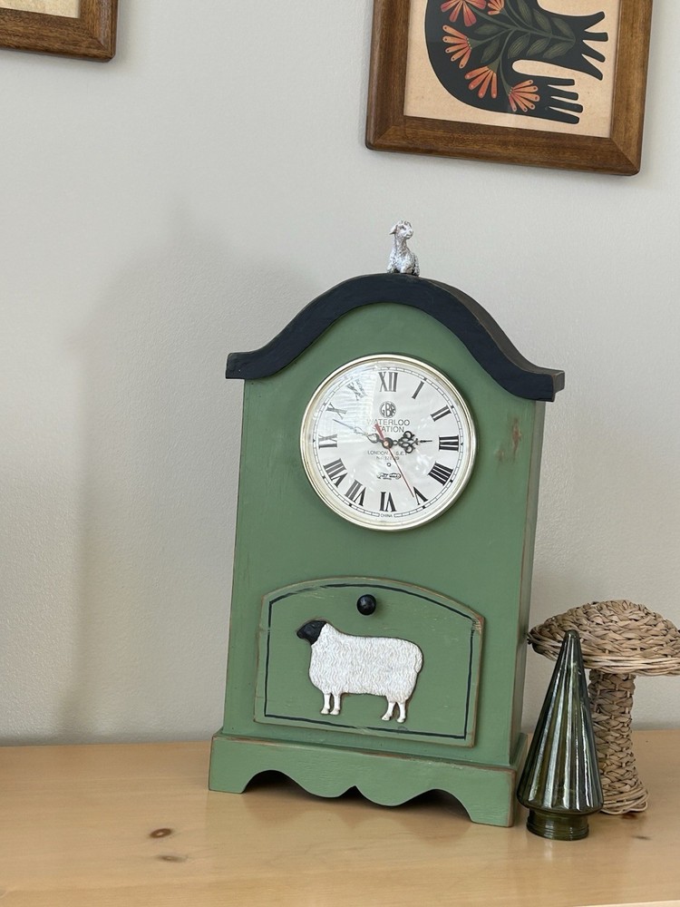 Green Shelf Clock With Sheep 22 “ tall