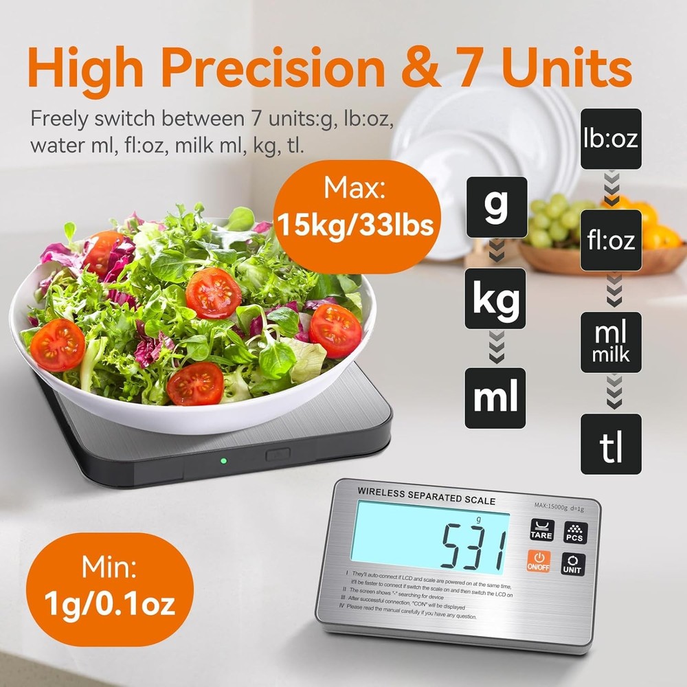 Wireless Digital Kitchen Scale, 33lb Split Design with LCD Display
