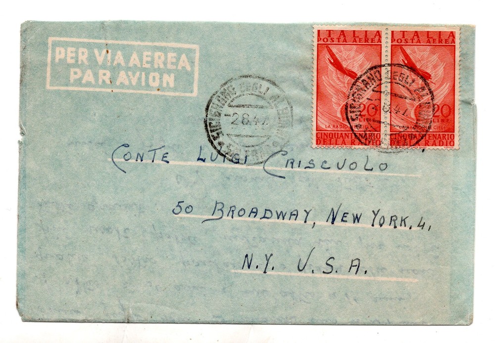 Airmail Lire 20 'Radio' pair on envelope