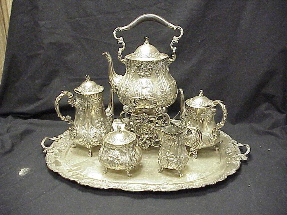 German Repousse 5pc 800 Silver Tea Set & Sterling Silver Tray