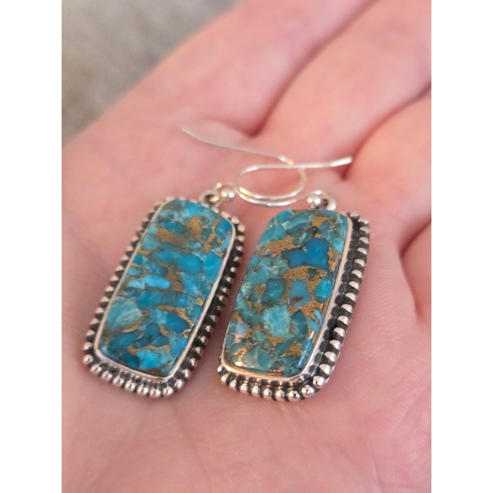 Turquoise Dangle Sterling Earrings Rectangular Copper Infusion
