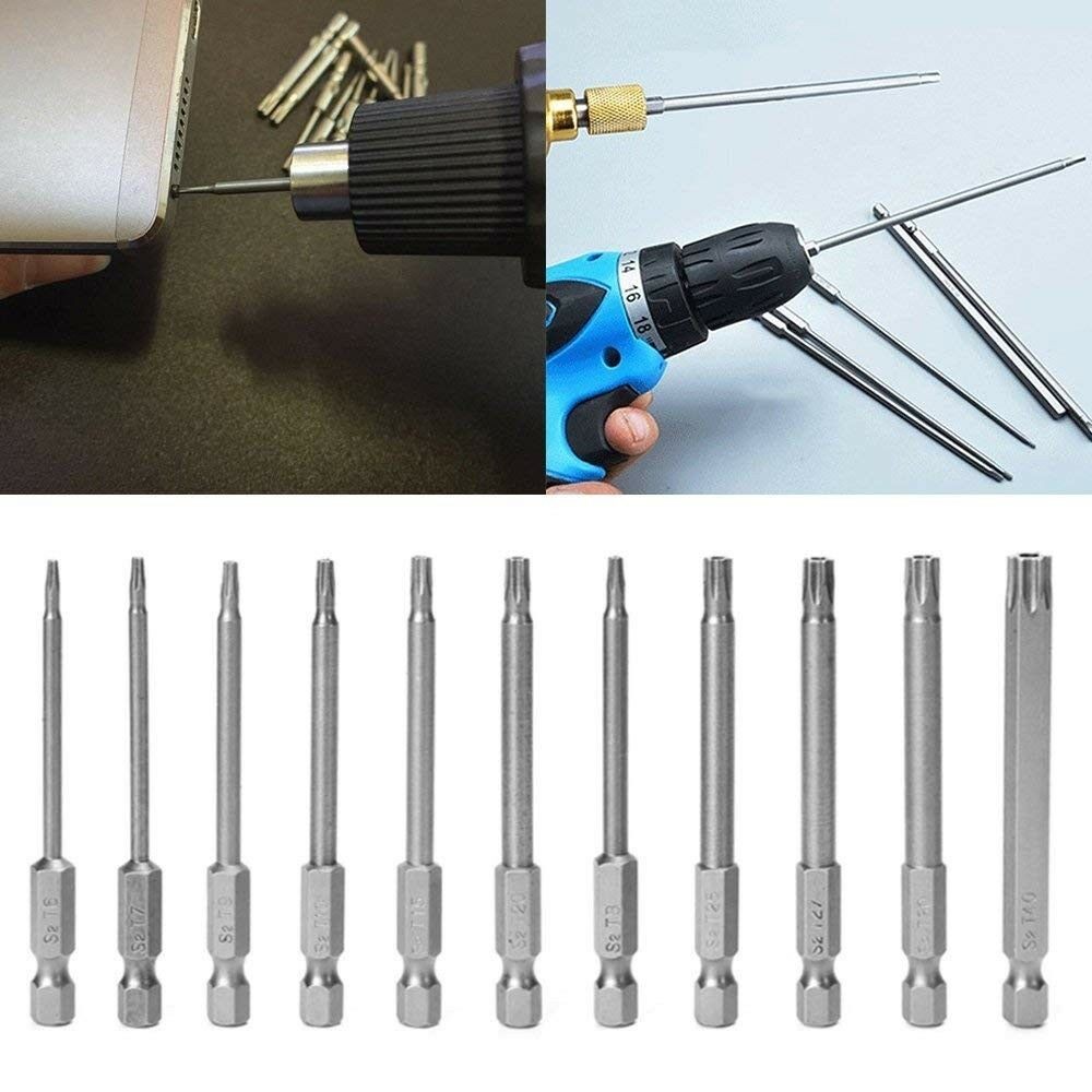11* 75mm Tamper Proof Security Drill Bit Set Torx Screwdriver Flat Head 1/4" Hex
