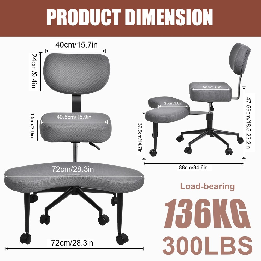 Height Adjustable Seat with Wheels for ADHD, Kneeling Chair with Back Support