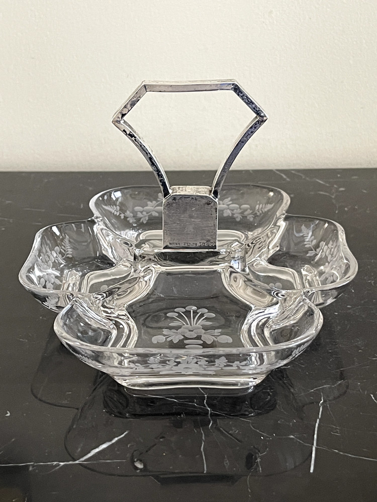 Antique Hawkes Crystal and Sterling Silver Handle Divided Dish