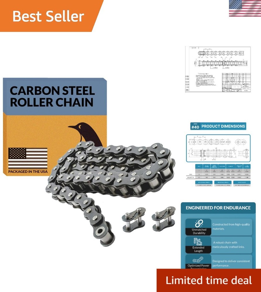 10ft Carbon Steel Roller Chain with 2 Connectors - Strong & Reliable