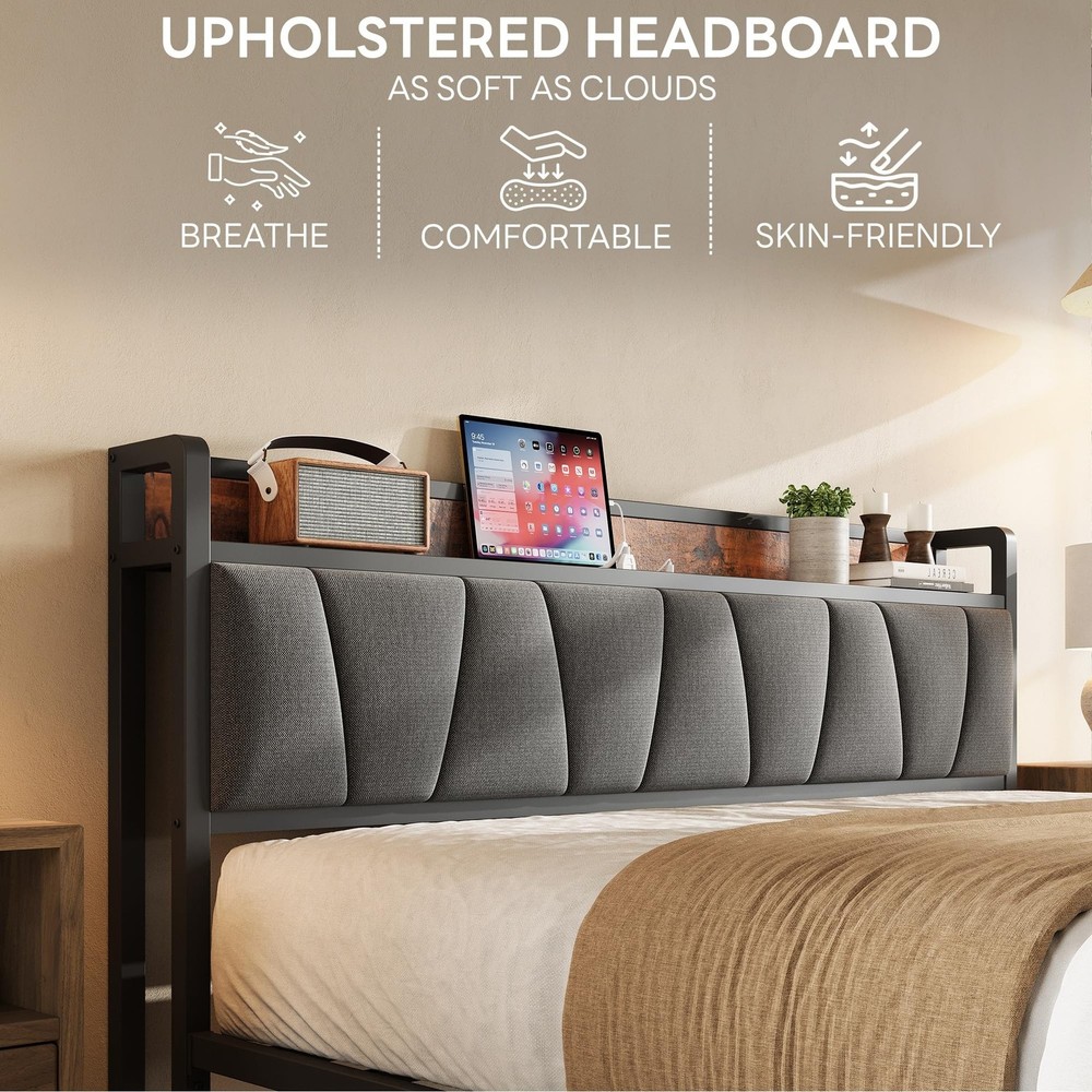 LIKIMIO Queen Bed Frame, Storage Headboard with Charging Station, Solid and S...