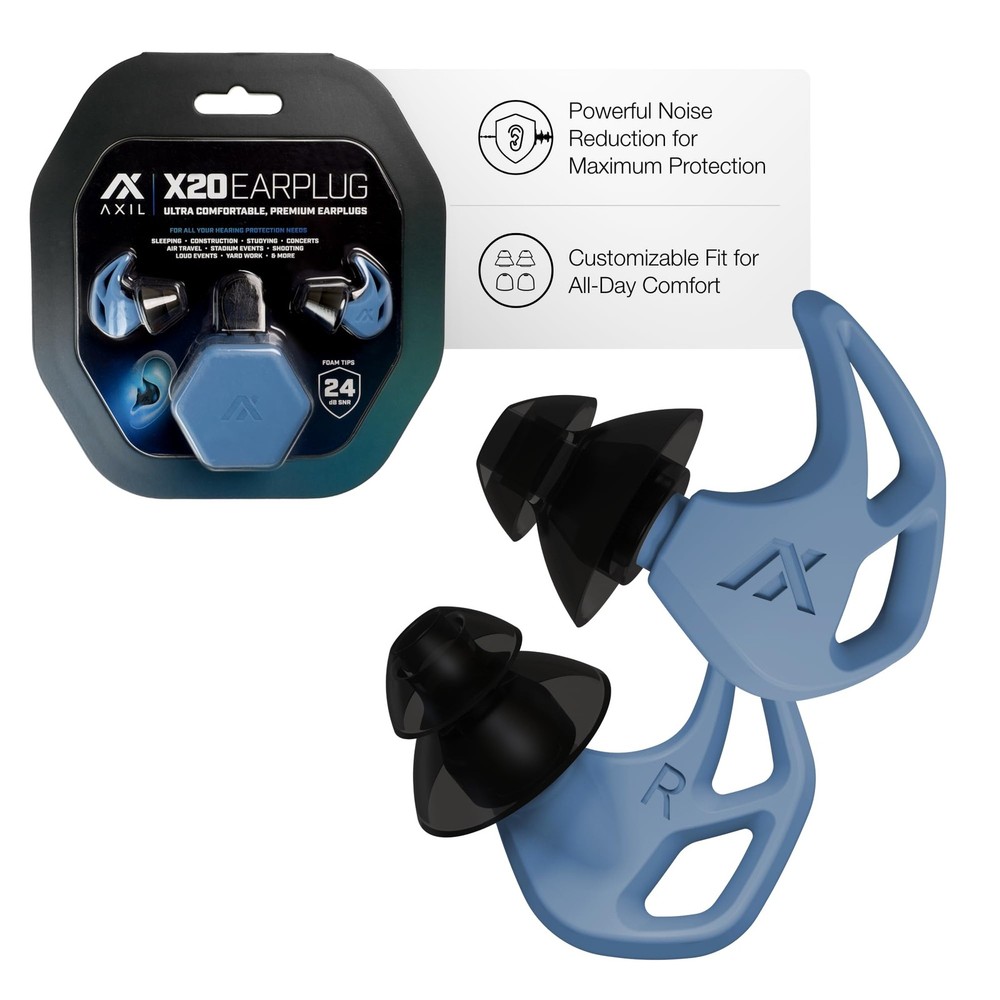 AXIL X20 Ear Plugs Blue Noise Reduction Hearing Protection Reusable 24dB Case