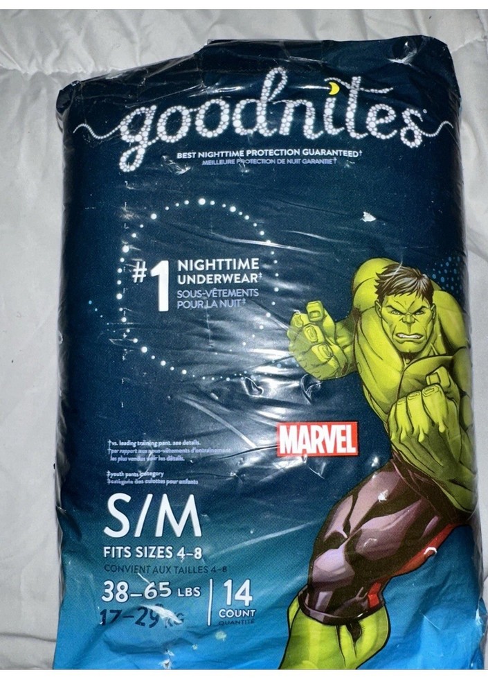 Goodnites Marvel S/M Size 4-8 Training Pant Night Time Bed wetting 14ct