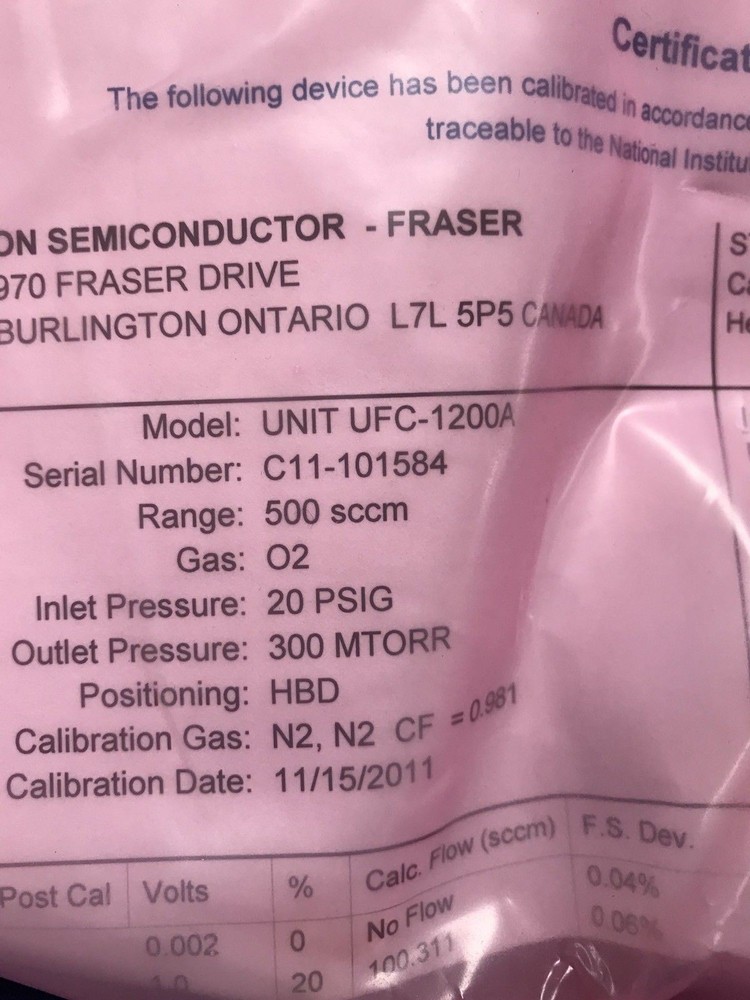 Unit UFC-1200A Mass Flow Controller, O2, 500 SCCM Refurbished