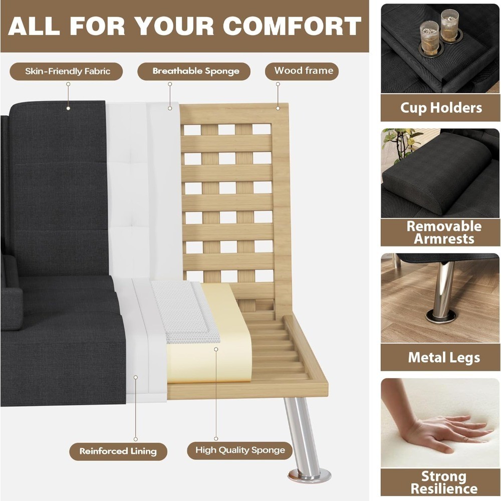 Futon Sofa Bed with Removable Armrests, Adjustable Recliner Sleeper Couch with