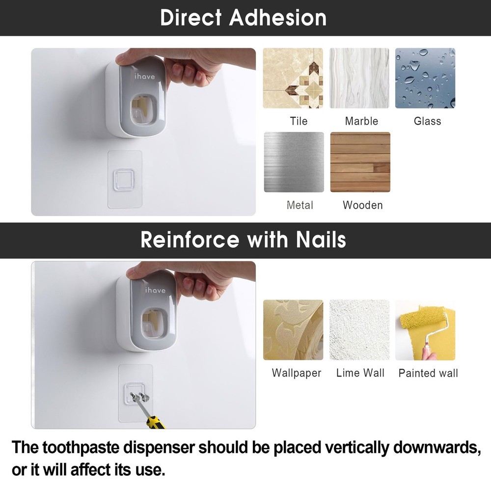 iHave Toothpaste Dispenser Wall Mount for Bathroom Automatic 1 P, Grey
