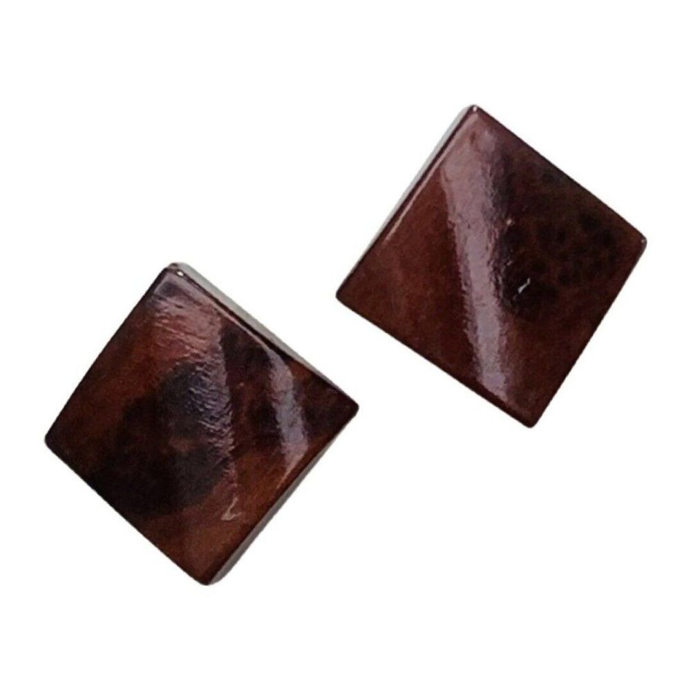 Square Reddish Brown Composition Gold Tone Clip On Button Earrings