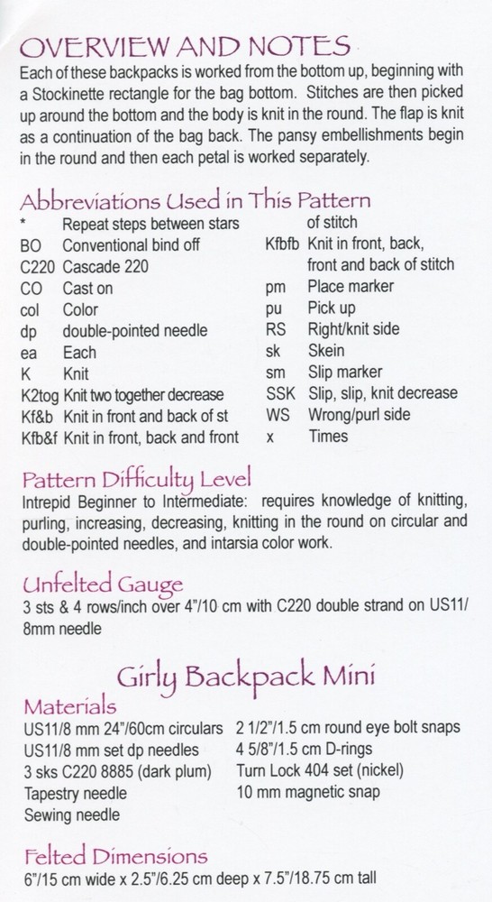 Noni Knitting Pattern 117 Girly Backpack with Pansies Knit Felt Pattern Only