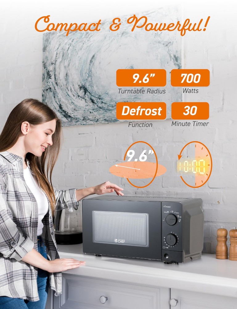 0.6 Cu. Ft. Countertop Microwave Oven, Mechanical Dial Controls, 700W, Pull H...