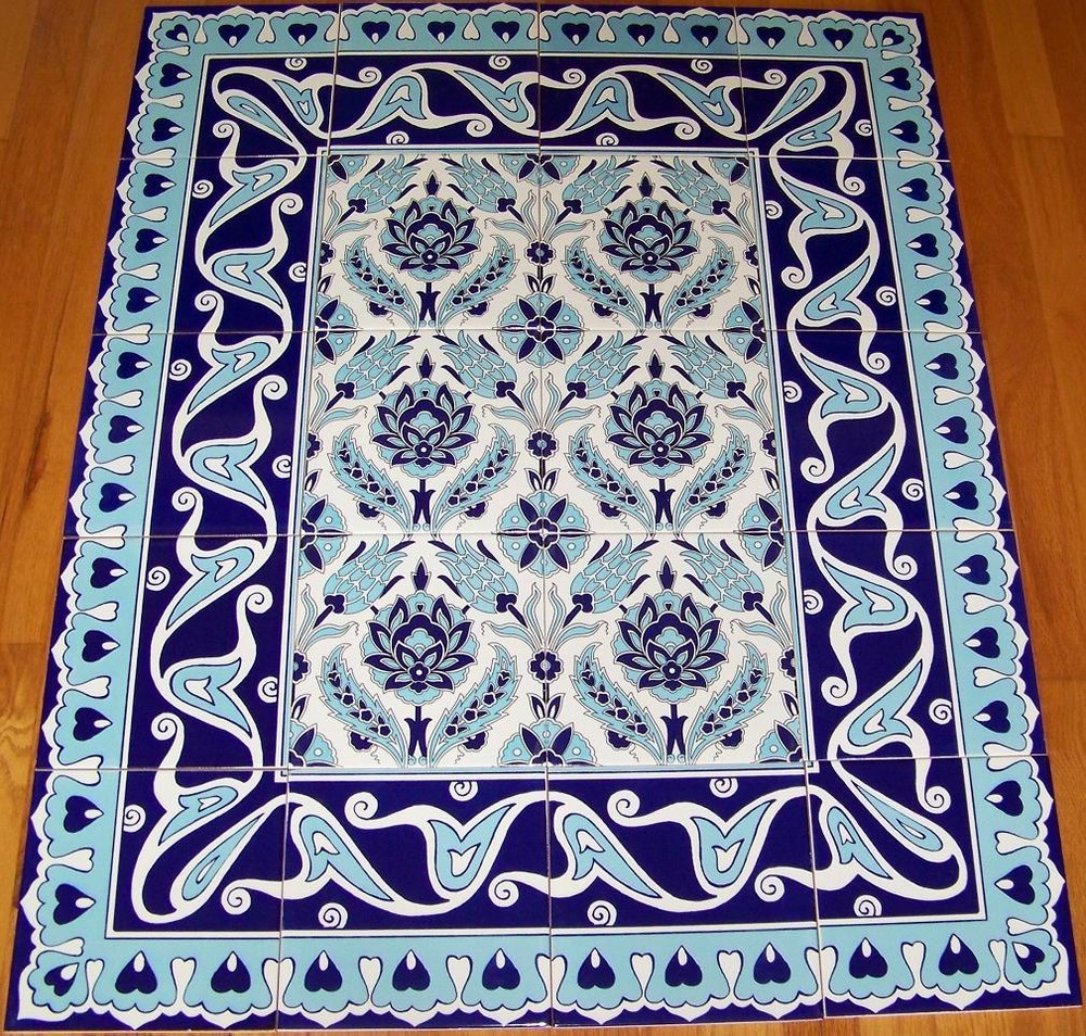 Blue & White Iznik Floral Pattern Border 40"x32" Ceramic Tile Panel Mural