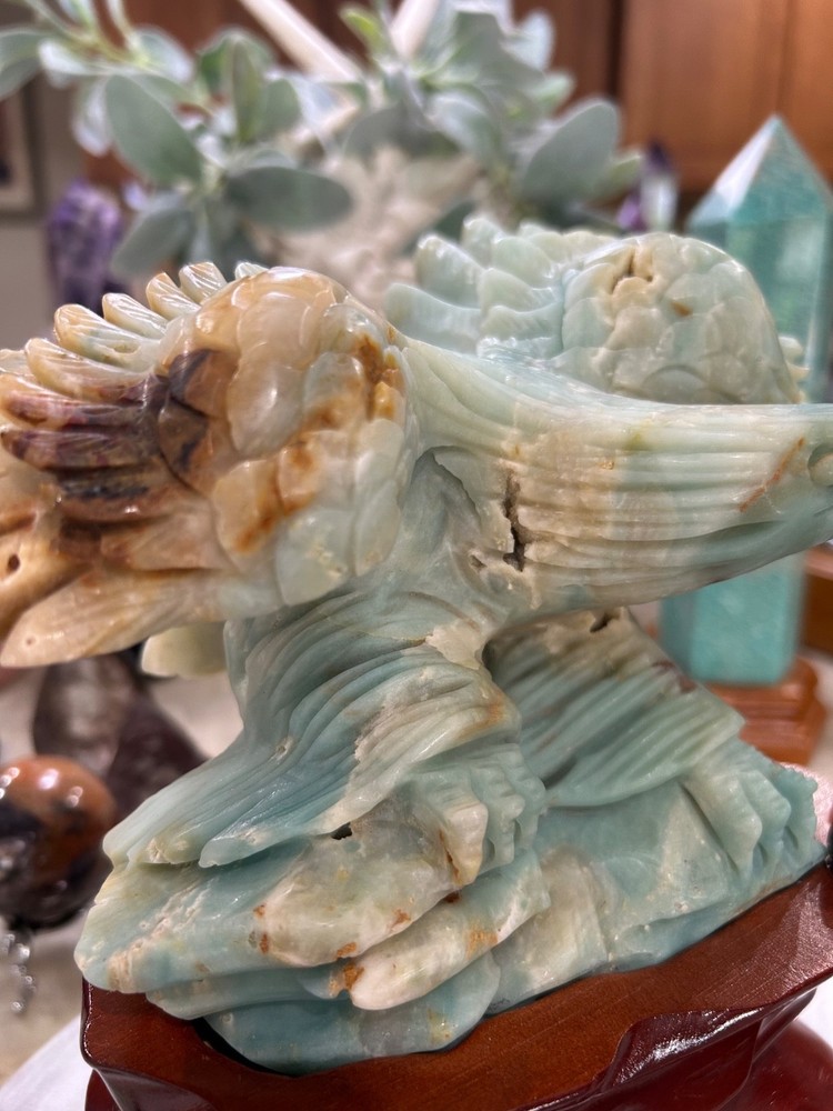 Amazonite Eagle hand carved on custom wood stand