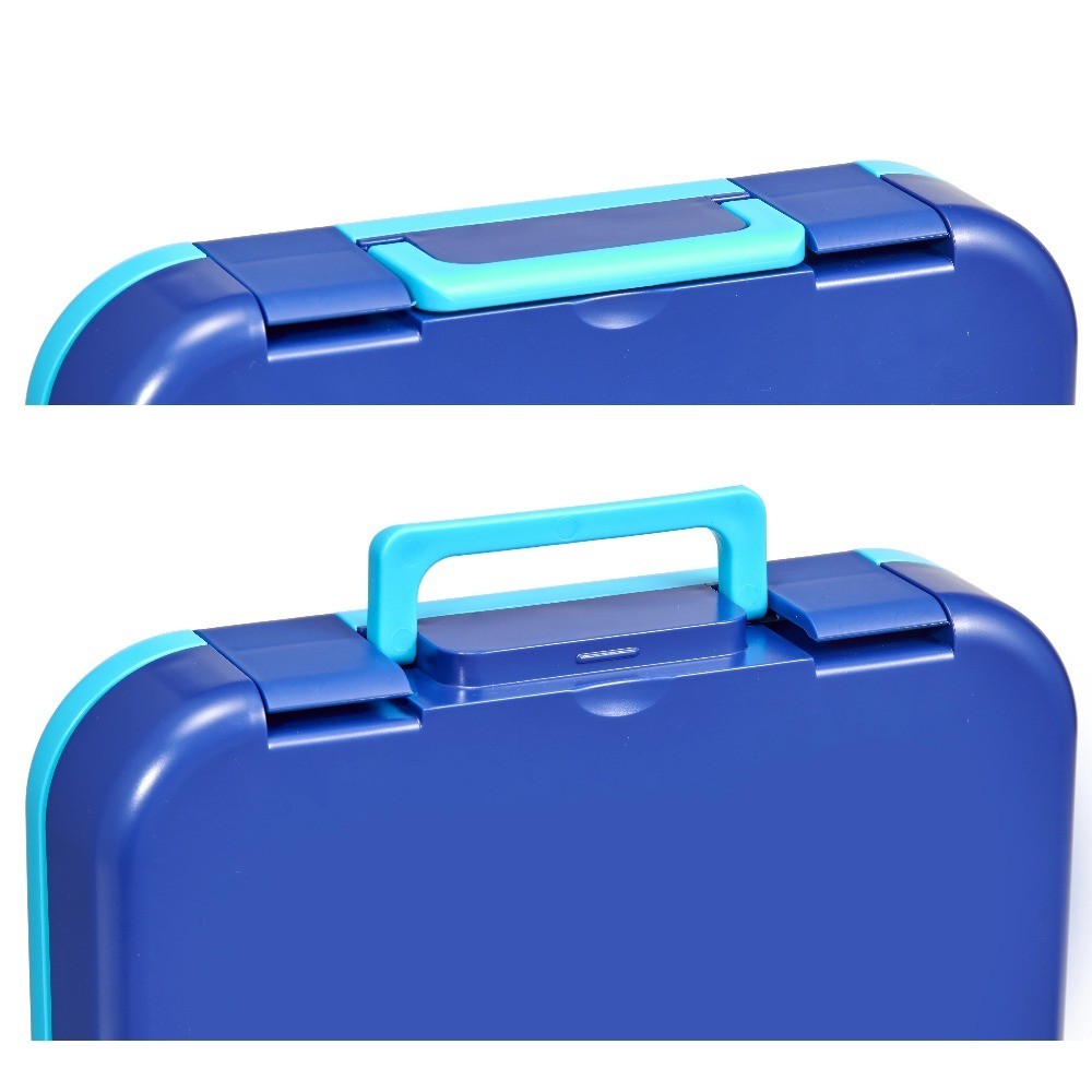 Plastic Bento Box with 4 Compartments, Fork, Spoon, 1 Dressing Container, Blue