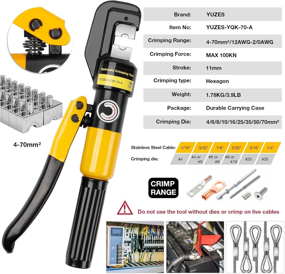 Professional Hydraulic Battery Cable Crimper with Ergonomic Handle - 10 Tons