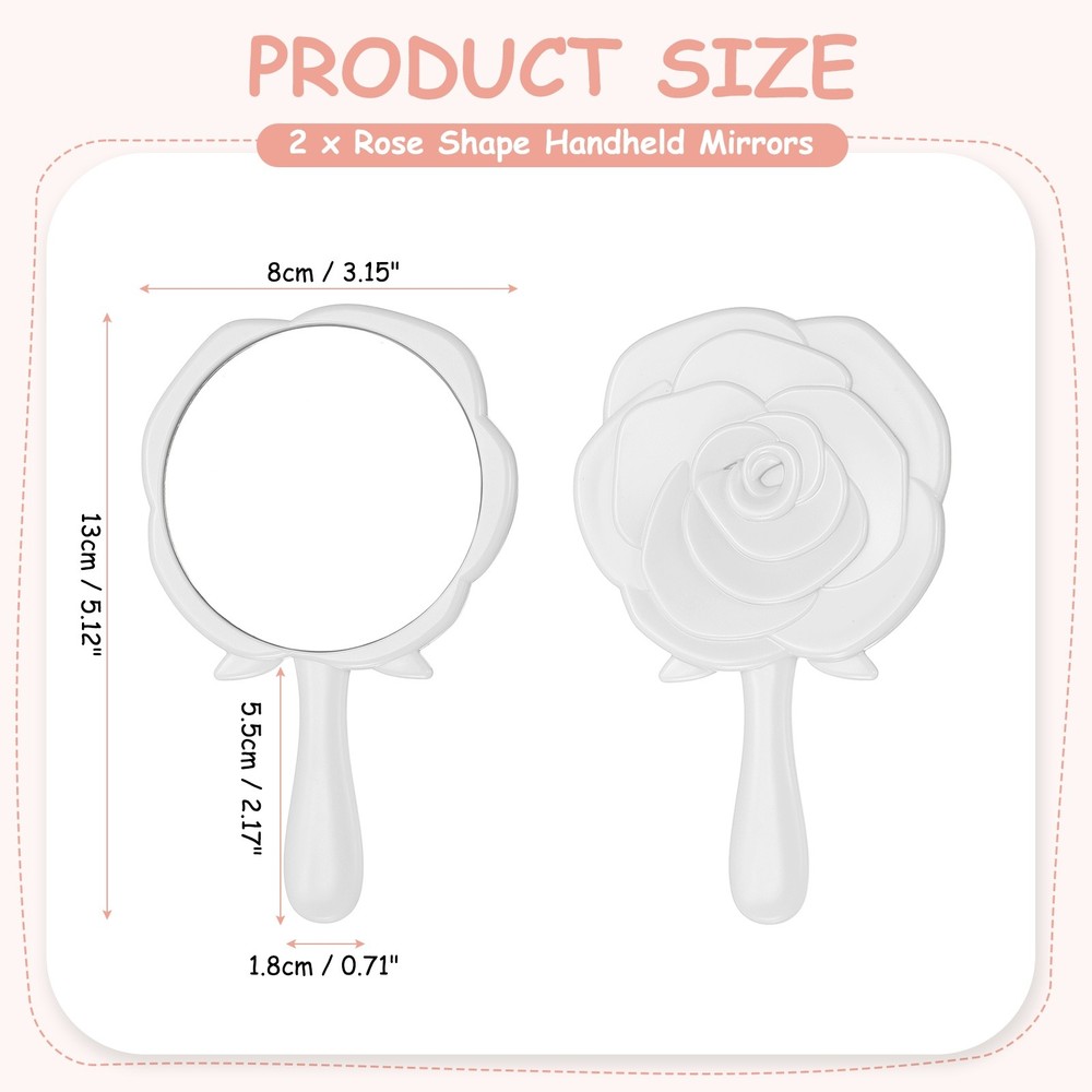 2 Pcs Rose Shape Handheld Mirror, 5" Travel Makeup Mirror, White