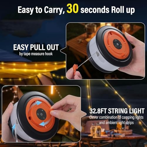 Camping String Lights, 4-in-1 Quick Storage Rechargeable Tent 2 Pack Orange